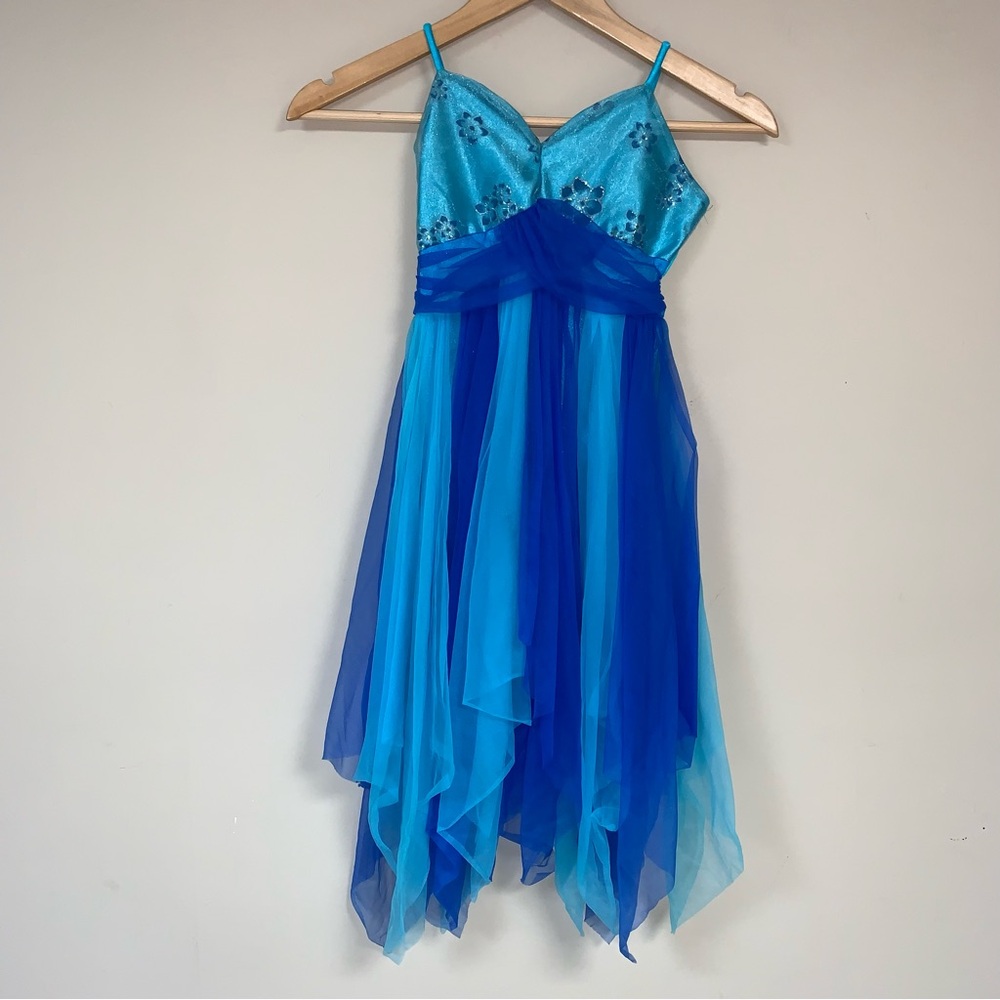 🆕 CURTAIN CALL Dance Costume Girl’s 10 Lyrical Ballet Tulle Flowy Chiffon Blue